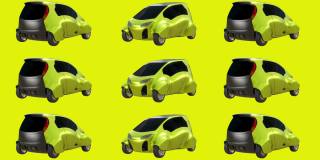 3d运动回路转台的黄色智能电动汽车城市汽车在黄色屏幕背景与luma哑光部分。