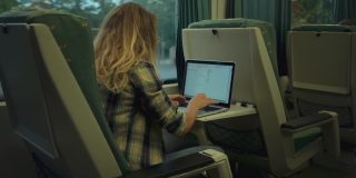 年轻女子在火车上的笔记本电脑上工作