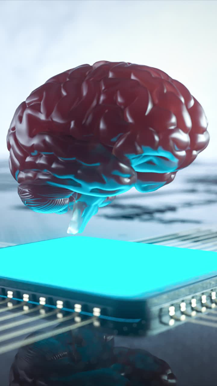 电脑芯片上的未来人类大脑。神经界面概念视频3d渲染