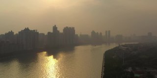日落时分广州著名的perl河航拍全景4k中国