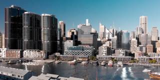 天际线视频。无人机俯瞰达令港，悉尼，澳大利亚。4K视频