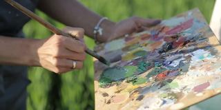 在田野里用油画颜料作画的女艺术家