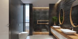 现代极简主义的浴室。秋天背景的概念。