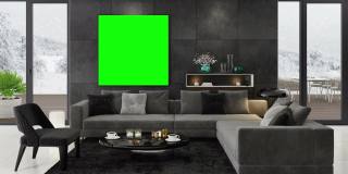 4k色彩键为绿色的相框。现代极简主义公寓内部。客厅。冬天的场景。