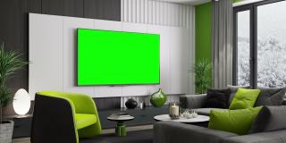 4k电视屏幕与色度键绿色。现代极简主义公寓内部。客厅。冬天的场景。