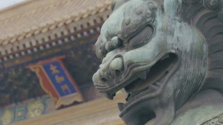 中国北京紫禁城内的大型皇家狮子雕像。视频素材模板下载
