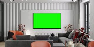 4k电视屏幕与色度键绿色。现代极简主义公寓内部。客厅，厨房和餐厅。冬天的场景。