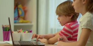 儿童在家使用笔记本电脑进行在线远程教育。妹妹和弟弟正在笔记本上写字。冠状病毒Covid19暴发。