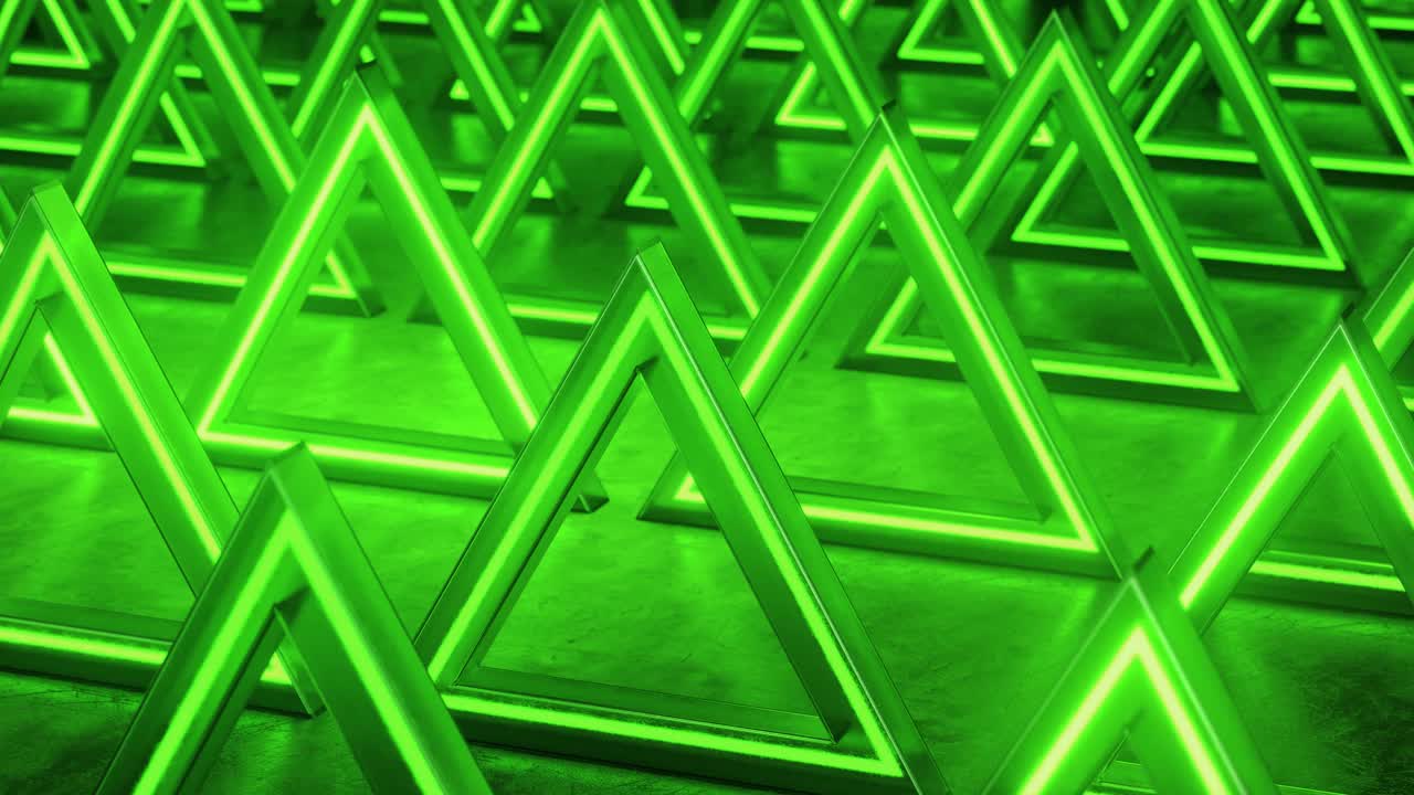 绿色三角形抽象背景。霓虹灯的背景。三角棱镜模式。抽象的科幻几何背景。未来的概念。闪烁。无缝循环，3d动画在4K