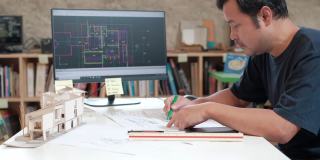 一位身穿深色衬衫的亚洲建筑师正在他的工作室里使用计算机辅助设计程序进行设计。然后把建筑计划写下来。