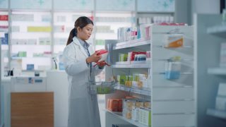 药店:美丽的亚洲药剂师做库存，安排药品包装，药品，维生素，保健产品在货架上。药店专业药剂师视频素材模板下载