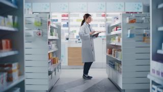 药店:美丽的中国药剂师使用数字平板电脑，检查库存的药品，药物，维生素，保健产品的货架上。药店专业药剂师视频素材模板下载