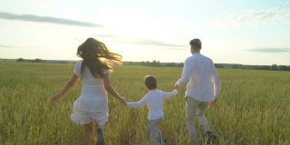 快乐的家庭和小男孩在麦田里户外跑步。母亲，父亲，儿子，孩子玩在夏日，一起享受大自然，健康爱旅游夏日慢动作幸福日落