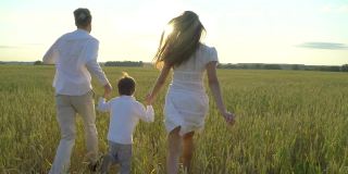 幸福的家庭和小男孩在日落时分在麦田里散步。妈妈爸爸儿子孩子一起在大自然中欢度夏日，健康爱旅行亲子亲子理念