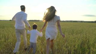 幸福的家庭和小男孩在日落时分在麦田里散步。妈妈爸爸儿子孩子一起在大自然中欢度夏日，健康爱旅行亲子亲子理念视频素材模板下载