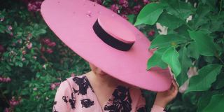 旧的复古风格。神秘的女士把脸藏在粉红色的宽帽下。自然化妆概念，节日猫眼眼线化妆，可爱的脸。春天盛开的花园绿玫瑰丛中。时尚50 60年代