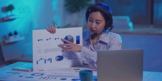 亚洲商务女性正在开会，同时在晚上用笔记本电脑展示商业数据图表