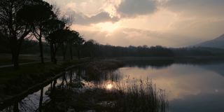 湖面上的日落与无人机拍摄的水边，与倒影，影子，芦苇和鸭子