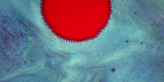 水晶发芽。蓝色背景上的抽象红点。抽象的垃圾艺术，墨水颜料扩散爆炸的背景。