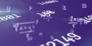 数字动画的多个变化的数字对数学方程在紫色的背景