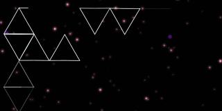 动画白色三角形处理在发光的粉红色斑点在黑色的背景