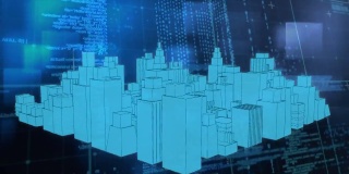 在网格上旋转的城市景观三维蓝色动画和数据处理