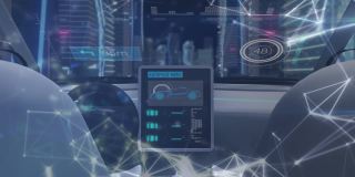 通过数字平板电脑在汽车仪表板上进行网络连接和数据处理的动画