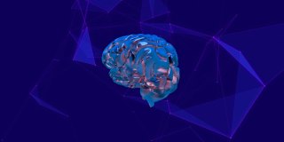 在蓝色背景下，人类大脑在神经丛上旋转的数字动画