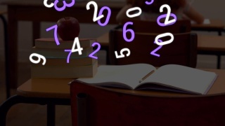数字构图的变化数字飘浮在苹果和木桌上的书堆中视频素材模板下载