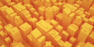 未来的黄色城市，摩天大楼。摄像机在抽象的等距城市中移动。无缝循环背景，4K