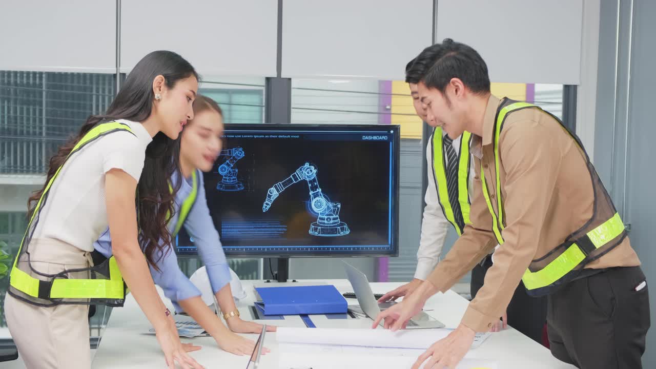 年轻的商人们在办公室里举行了一场关于机器人技术的讨论会议。人们有沟通头脑风暴和工作项目作为团队合作。公司的现代同事。