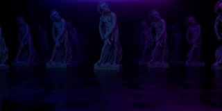 霓虹照明下的哲学雕塑。通过三维扫描获得的博物馆艺术品。复古未来设计。3 d animtion