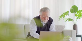 幸福老人亚洲人坐在沙发上，使用电脑笔记本电脑与业务团队在线工作，庆祝愉快的微笑在家里，老年人的生活方式在家里的概念