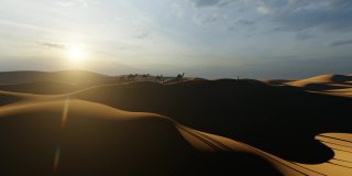 一个阿拉伯人走向他的骆驼在沙漠沙丘和明亮的太阳