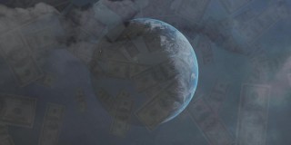 数字动画的美元纸币落在地球上对云在夜空