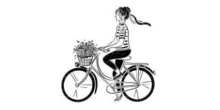 可爱的手绘动画。黑色轮廓的概念。女孩骑着带花的自行车。卡通人物在素描风格。美丽的假期。单色的剪辑艺术。墨水的艺术。资料片