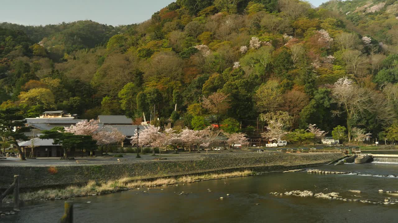 Katsura河和岚山的全景，京都，在春天