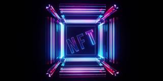 在霓虹灯玻璃立方体中平滑旋转NFT霓虹灯玻璃刻字。