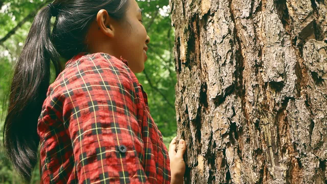 雨林里，一个快乐的女人站在一棵老树旁，用爱和微笑拥抱着。地球日和不砍伐森林的概念。