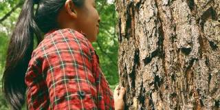 雨林里，一个快乐的女人站在一棵老树旁，用爱和微笑拥抱着。地球日和不砍伐森林的概念。