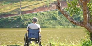 后视图的亚洲老年人坐在轮椅上的公园。