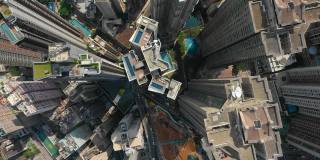 阳光明媚的香港市中心区生活街区交通高空中自上而下全景4k