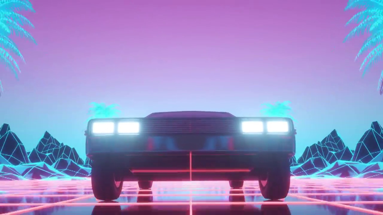 霓虹赛博朋克风格的汽车。80年代的背景动画。复古的未来汽车穿过霓虹城市