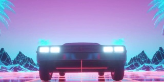 霓虹赛博朋克风格的汽车。80年代的背景动画。复古的未来汽车穿过霓虹城市