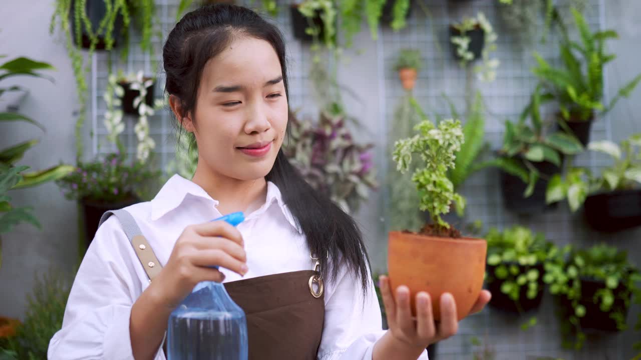 女人给植物浇水和抱花盆的特写。