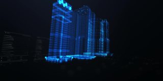 抽象的未来矩阵全息三维城市渲染。数字建筑采用二进制码粒子网络。技术和连接概念。