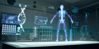 未来实验室。全息，三维骨架和DNA螺旋。扫描虚拟病人的损伤