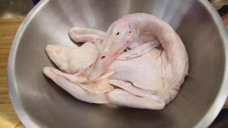 整只生鸭在不锈钢碗中烹饪，整只新鲜生鸭放在托盘上，没有现成的原料和香料视频素材模板下载
