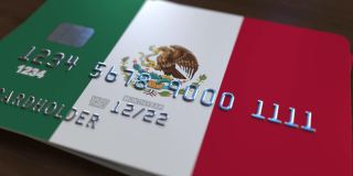 带有墨西哥国旗的塑料银行卡。国家银行系统相关动漫