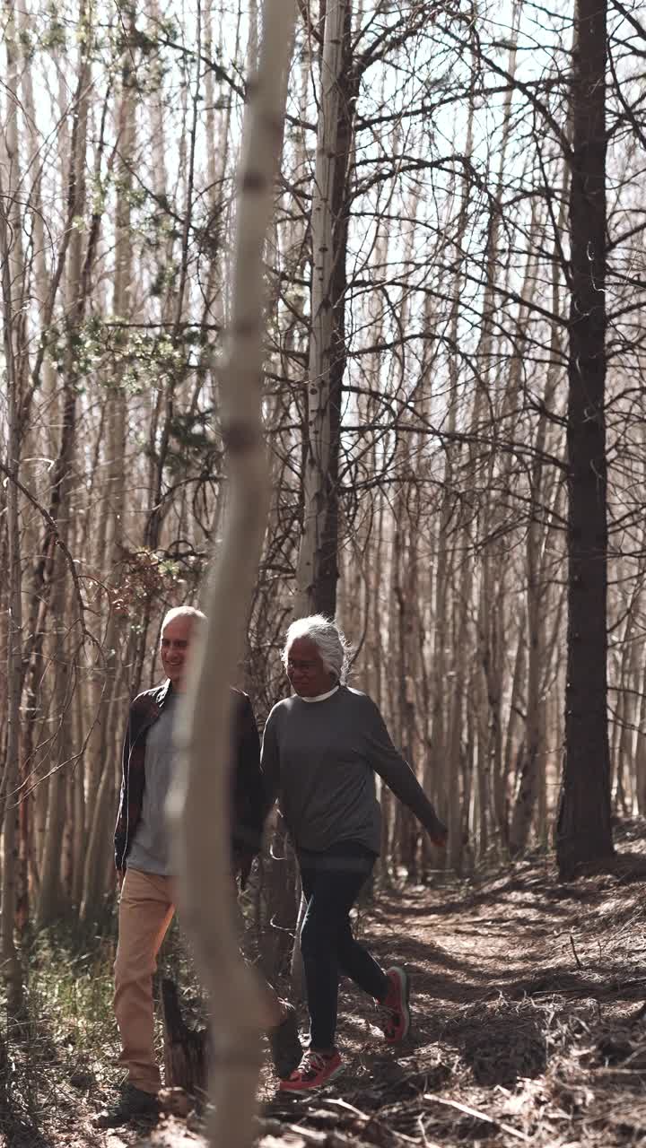 退休老人夫妇在自然径远足的垂直影像